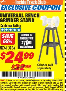 Harbor Freight ITC Coupon UNIVERSAL BENCH GRINDER STAND Lot No. 3184 Expired: 5/31/18 - $24.99