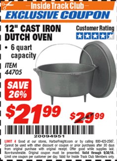 Harbor Freight ITC Coupon 12" CAST IRON DUTCH OVEN Lot No. 44705 Expired: 9/30/18 - $21.99