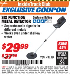 Harbor Freight ITC Coupon 6 FUNCTION METAL DETECTOR Lot No. 43150 Expired: 10/31/18 - $29.99