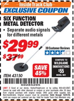 Harbor Freight ITC Coupon 6 FUNCTION METAL DETECTOR Lot No. 43150 Expired: 12/31/18 - $29.99