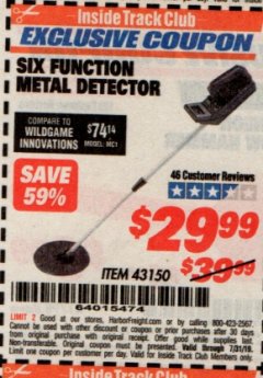 Harbor Freight ITC Coupon 6 FUNCTION METAL DETECTOR Lot No. 43150 Expired: 7/31/19 - $29.99