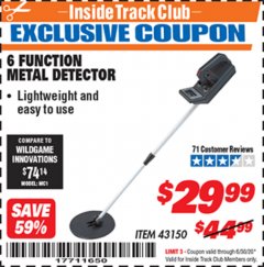 Harbor Freight ITC Coupon 6 FUNCTION METAL DETECTOR Lot No. 43150 Expired: 6/30/20 - $29.99