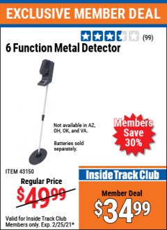 Harbor Freight ITC Coupon 6 FUNCTION METAL DETECTOR Lot No. 43150 Expired: 2/25/21 - $34.99