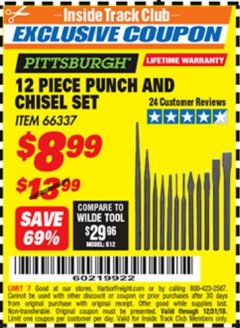 Harbor Freight ITC Coupon 12 PIECE PUNCH AND CHISEL SET Lot No. 56345/66337 Expired: 12/31/18 - $8.99