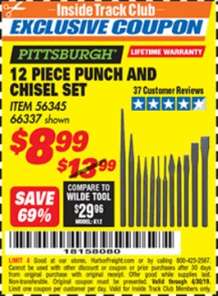 Harbor Freight ITC Coupon 12 PIECE PUNCH AND CHISEL SET Lot No. 56345/66337 Expired: 4/30/19 - $8.99