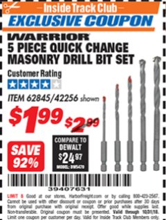 Harbor Freight ITC Coupon DRILLMASTER 5 PIECE QUICK CHANGE MASONRY DRILL BIT SET Lot No. 62845, 42256 Expired: 10/31/18 - $1.99