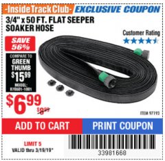 Harbor Freight ITC Coupon 3/4" X 50 FT. FLAT SEEPER SOAKER HOSE Lot No. 97193 Expired: 3/19/19 - $6.99
