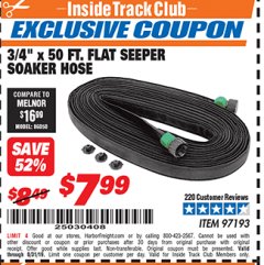 Harbor Freight ITC Coupon 3/4" X 50 FT. FLAT SEEPER SOAKER HOSE Lot No. 97193 Expired: 8/31/19 - $7.99