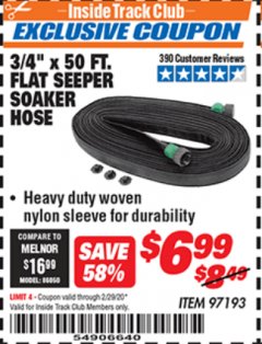 Harbor Freight ITC Coupon 3/4" X 50 FT. FLAT SEEPER SOAKER HOSE Lot No. 97193 Expired: 2/29/20 - $6.99