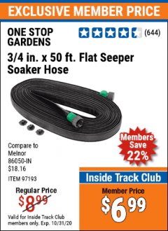 Harbor Freight ITC Coupon 3/4" X 50 FT. FLAT SEEPER SOAKER HOSE Lot No. 97193 Expired: 10/31/20 - $6.99