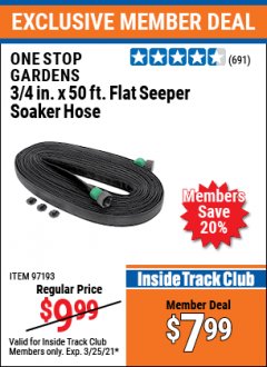 Harbor Freight ITC Coupon 3/4" X 50 FT. FLAT SEEPER SOAKER HOSE Lot No. 97193 Expired: 3/25/21 - $7.99