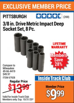 Harbor Freight ITC Coupon 8 PIECE 3/8" DRIVE DEEP IMPACT SOCKET SETS Lot No. 67910/67928 Expired: 10/31/20 - $9.99