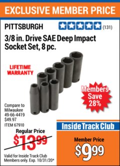 Harbor Freight ITC Coupon 8 PIECE 3/8" DRIVE DEEP IMPACT SOCKET SETS Lot No. 67910/67928 Expired: 10/31/20 - $9.99