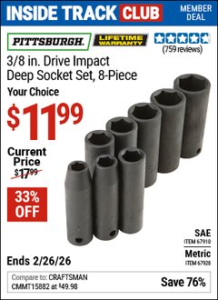 Harbor Freight Coupon PITTSBURGH 3/8 IN. DRIVE IMPACT DEEP SOCKET SET, 8-PIECE Lot No. 67928/67910 Valid: 12/31/69 - 2/26/26 - $11.99