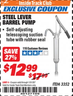 Harbor Freight ITC Coupon STEEL LEVER BARREL PUMP Lot No. 3352 Expired: 1/31/20 - $12.99
