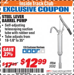 Harbor Freight ITC Coupon STEEL LEVER BARREL PUMP Lot No. 3352 Expired: 4/30/20 - $12.99