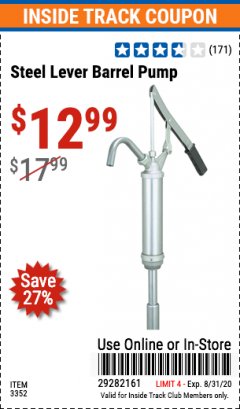 Harbor Freight ITC Coupon STEEL LEVER BARREL PUMP Lot No. 3352 Expired: 8/31/20 - $12.99