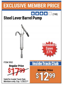 Harbor Freight ITC Coupon STEEL LEVER BARREL PUMP Lot No. 3352 Expired: 1/28/21 - $12.99