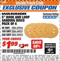 Harbor Freight ITC Coupon 5" HOOK AND LOOP SANDING DISKS PACK OF 4 Lot No. 69957/69958/69953 Expired: 9/30/18 - $1.99