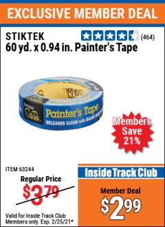 Harbor Freight ITC Coupon 60 YD. X 0.94" PAINTERS TAPE Lot No. 63244 Expired: 2/25/21 - $2.99