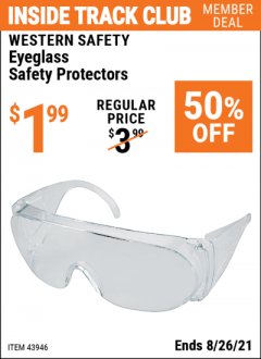 Harbor Freight ITC Coupon EYEGLASS SAFETY PROTECTORS Lot No. 43946 Expired: 8/26/21 - $1.99