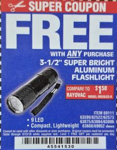 Harbor Freight FREE Coupon 3-1/2" SUPER BRIGHT ALUMINUM FLASHLIGHT Lot No. 69111/63599/62522/62573/63875/63884/63886/63888/69052 Expired: 8/23/18 - FWP