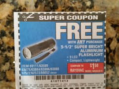 Harbor Freight FREE Coupon 3-1/2" SUPER BRIGHT ALUMINUM FLASHLIGHT Lot No. 69111/63599/62522/62573/63875/63884/63886/63888/69052 Expired: 9/6/18 - FWP