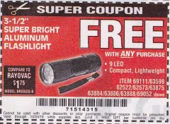 Harbor Freight FREE Coupon 3-1/2" SUPER BRIGHT ALUMINUM FLASHLIGHT Lot No. 69111/63599/62522/62573/63875/63884/63886/63888/69052 Expired: 10/24/18 - FWP