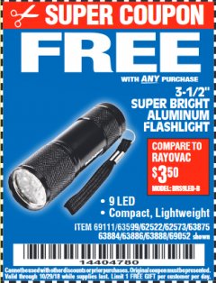 Harbor Freight FREE Coupon 3-1/2" SUPER BRIGHT ALUMINUM FLASHLIGHT Lot No. 69111/63599/62522/62573/63875/63884/63886/63888/69052 Expired: 10/29/18 - FWP