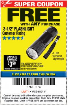 Harbor Freight FREE Coupon 3-1/2" SUPER BRIGHT ALUMINUM FLASHLIGHT Lot No. 69111/63599/62522/62573/63875/63884/63886/63888/69052 Expired: 8/13/18 - FWP