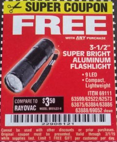 Harbor Freight FREE Coupon 3-1/2" SUPER BRIGHT ALUMINUM FLASHLIGHT Lot No. 69111/63599/62522/62573/63875/63884/63886/63888/69052 Expired: 3/1/19 - FWP