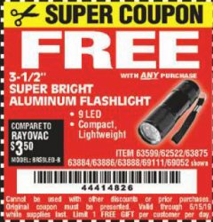 Harbor Freight FREE Coupon 3-1/2" SUPER BRIGHT ALUMINUM FLASHLIGHT Lot No. 69111/63599/62522/62573/63875/63884/63886/63888/69052 Expired: 6/15/19 - FWP