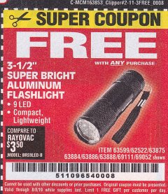 Harbor Freight FREE Coupon 3-1/2" SUPER BRIGHT ALUMINUM FLASHLIGHT Lot No. 69111/63599/62522/62573/63875/63884/63886/63888/69052 Expired: 8/8/19 - FWP