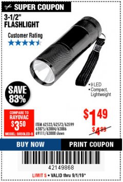 Harbor Freight Coupon 3-1/2" SUPER BRIGHT ALUMINUM FLASHLIGHT Lot No. 69111/63599/62522/62573/63875/63884/63886/63888/69052 Expired: 9/1/19 - $1.49