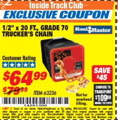 Harbor Freight ITC Coupon 1/2" X 20 FT. GRADE 70 TRUCKERS CHAIN Lot No. 63236 Expired: 5/31/18 - $64.99