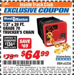 Harbor Freight ITC Coupon 1/2" X 20 FT. GRADE 70 TRUCKERS CHAIN Lot No. 63236 Expired: 5/31/19 - $64.99