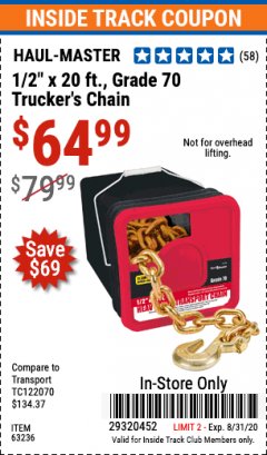 Harbor Freight ITC Coupon 1/2" X 20 FT. GRADE 70 TRUCKERS CHAIN Lot No. 63236 Expired: 8/31/20 - $64.99