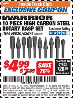 Harbor Freight ITC Coupon 10 PIECE HIGH CARBON STEEL ROTARY RASP SET Lot No. 68830/62694 Expired: 6/30/18 - $4.99