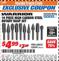 Harbor Freight ITC Coupon 10 PIECE HIGH CARBON STEEL ROTARY RASP SET Lot No. 68830/62694 Expired: 10/31/18 - $4.99