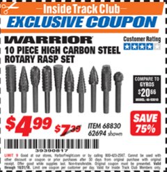 Harbor Freight ITC Coupon 10 PIECE HIGH CARBON STEEL ROTARY RASP SET Lot No. 68830/62694 Expired: 10/31/18 - $4.99