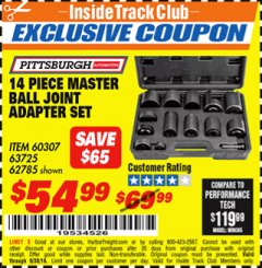 Harbor Freight ITC Coupon 14 PIECE MASTER BALL JOINT ADAPTER SET Lot No. 62785/63725/60307 Expired: 9/30/18 - $54.99