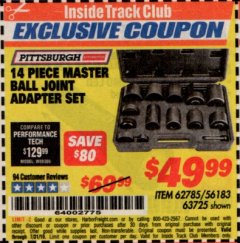 Harbor Freight ITC Coupon 14 PIECE MASTER BALL JOINT ADAPTER SET Lot No. 62785/63725/60307 Expired: 7/31/19 - $49.99