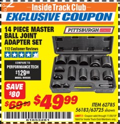 Harbor Freight ITC Coupon 14 PIECE MASTER BALL JOINT ADAPTER SET Lot No. 62785/63725/60307 Expired: 11/30/19 - $49.99