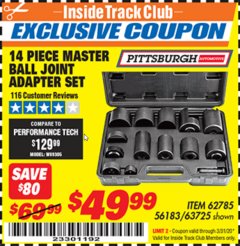 Harbor Freight ITC Coupon 14 PIECE MASTER BALL JOINT ADAPTER SET Lot No. 62785/63725/60307 Expired: 3/31/20 - $49.99