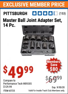 Harbor Freight ITC Coupon 14 PIECE MASTER BALL JOINT ADAPTER SET Lot No. 62785/63725/60307 Expired: 9/30/20 - $49.99