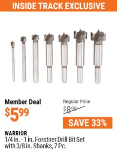 Harbor Freight Coupon 7 PIECE 1/4"-1" FORSTNER DRILL BIT SET Lot No. 62361/62558/63905/1903 Expired: 7/1/21 - $5.99