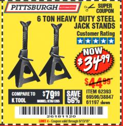 Harbor Freight Coupon 6 TON HEAVY DUTY STEEL JACK STANDS Lot No. 61197/38847/69596/62393 Expired: 6/13/18 - $34.99