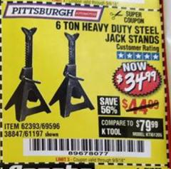 Harbor Freight Coupon 6 TON HEAVY DUTY STEEL JACK STANDS Lot No. 61197/38847/69596/62393 Expired: 9/5/18 - $34.99