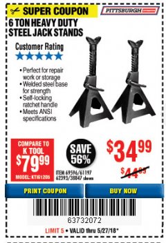Harbor Freight Coupon 6 TON HEAVY DUTY STEEL JACK STANDS Lot No. 61197/38847/69596/62393 Expired: 5/27/18 - $34.99