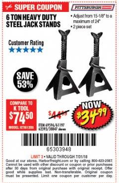 Harbor Freight Coupon 6 TON HEAVY DUTY STEEL JACK STANDS Lot No. 61197/38847/69596/62393 Expired: 7/31/18 - $34.99